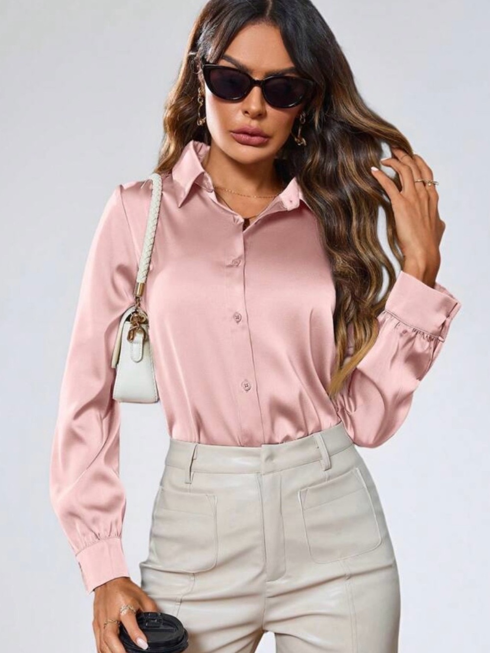 SHEIN Satin Effect Button-Down Shirt in Dusty Rose Sz S